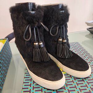 Tory Burch Anjelica Boot Rabbit Fur/Split Suede Black 8M